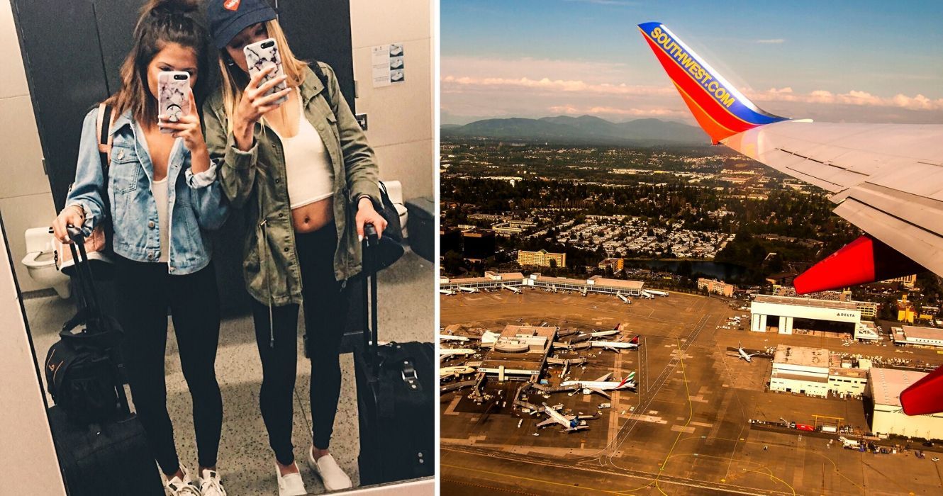 As ofertas de voos com a Southwest Airlines valem o preço mais barato? 1 duas garotas tiram uma selfie em um aeroporto, a vista de uma asa sudoeste do avião pela janela do avião