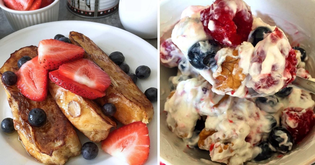 As pessoas na Grécia apreciam esses deliciosos alimentos para o café da manhã 1 rabanada com frutas frescas, um parfait de iogurte grego