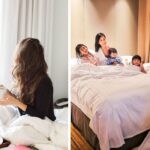 a woman sits in bed with breakfast, a mom has a staycation with her kids