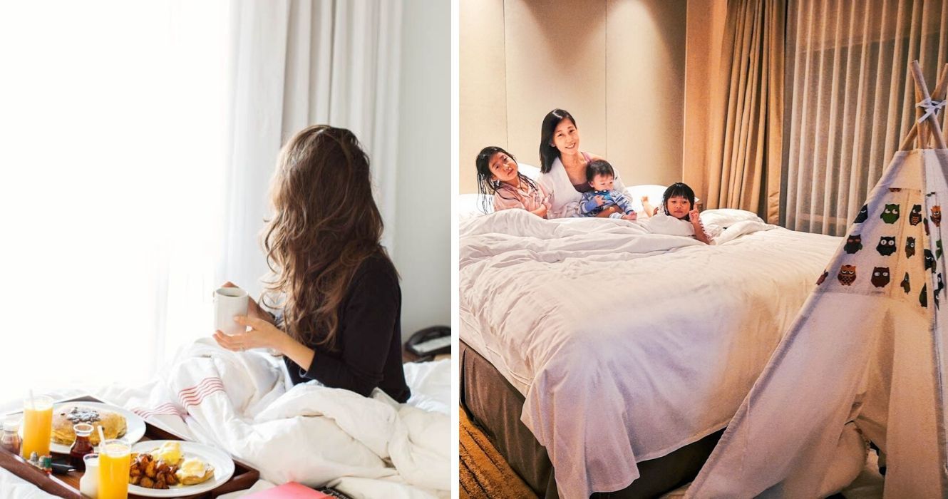 As vantagens surpreendentes de um Staycation 1 uma mulher se senta na cama com o café da manhã, uma mãe tem uma estadia com seus filhos