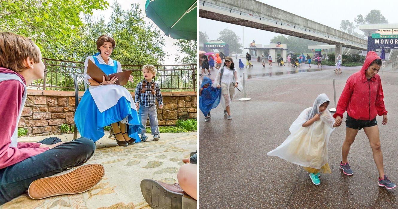Atenção pais: dicas para sobreviver ao verão no Walt Disney World 1 belle lendo para crianças na disneyworld, chovendo na disneyworld