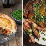 a traditional UK steak and ale pie, pan-fried steak and eggs