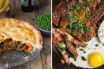 a traditional UK steak and ale pie, pan-fried steak and eggs