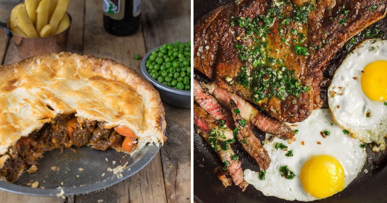 Bife ao redor do mundo: estas são as melhores maneiras de grelhar, assar e fritar 1 um bife tradicional do Reino Unido e torta de cerveja, bife frito e ovos