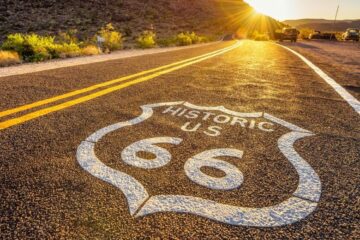historic route 66 road at sunset