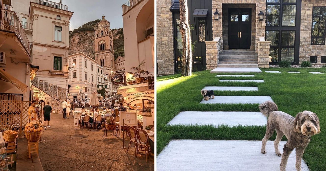 Como é uma casa de $ 500.000 no Texas x Itália 1 uma vila na itália é bonita à noite, uma casa no texas com dois cachorros fofos