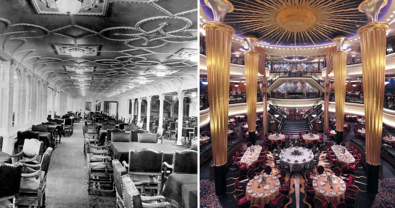 Como estar a bordo do Titanic se compara a férias no maior navio de cruzeiro da atualidade 1 a sala de jantar no titanic em 1912, a sala de jantar a bordo do Symphony of the Seas
