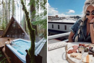 a girl sits in a hot tub at a cabin, a girl orders a cheese plate