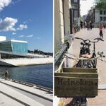 a girl takes a photo in norway near the sea, a girl takes a photo in front of a dutch bike sign