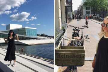 a girl takes a photo in norway near the sea, a girl takes a photo in front of a dutch bike sign