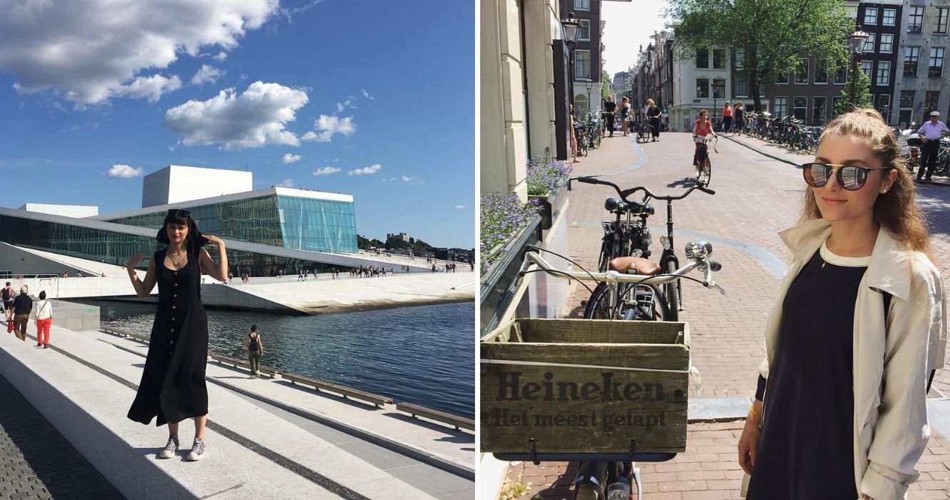 uma garota tira uma foto na noruega perto do mar, uma garota tira uma foto em frente a uma placa de bicicleta holandesa