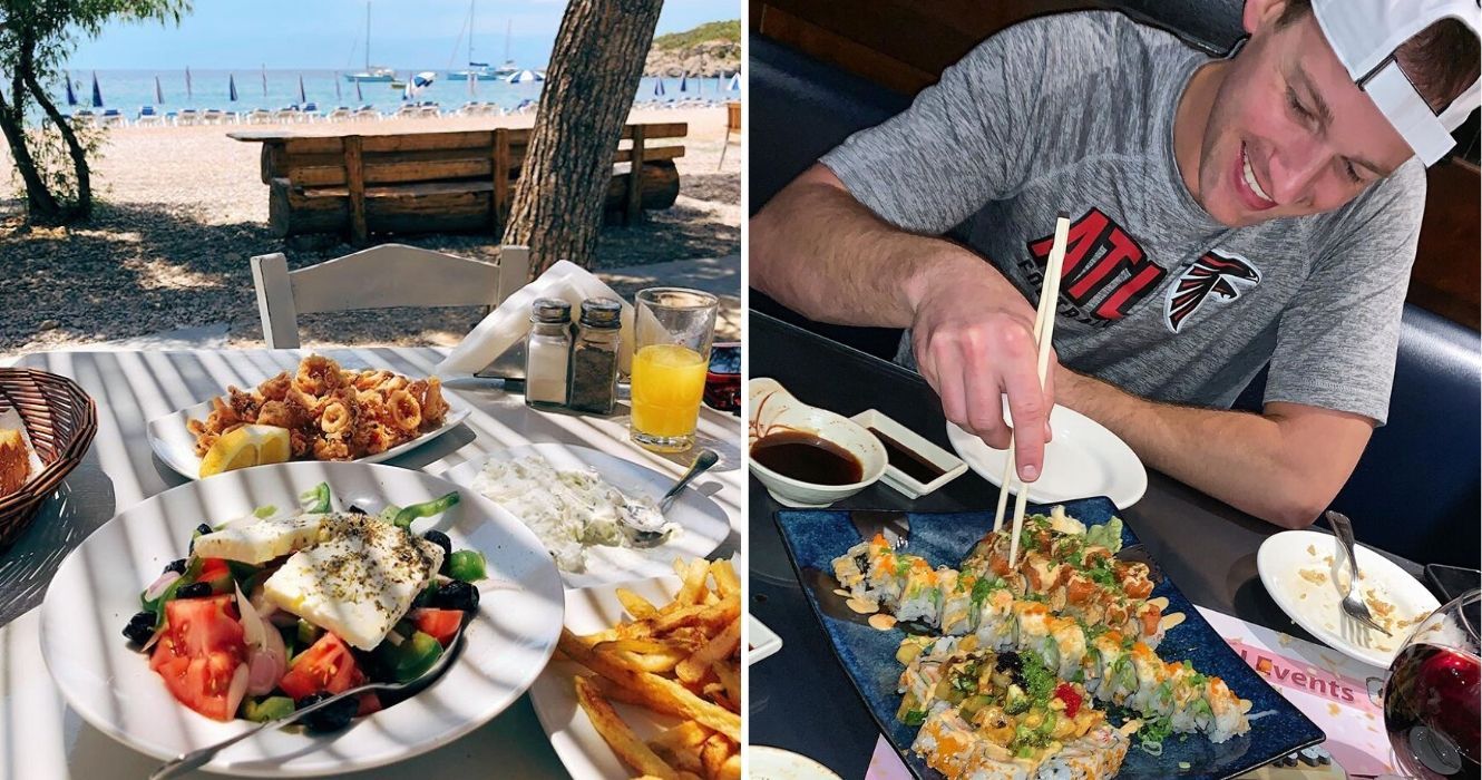 De acordo com a Healthline, estas são as cozinhas mais saudáveis do mundo 1 comendo comida grega na praia, um cara come sushi