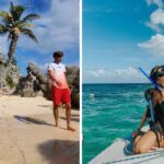 a girl has fun playing on the beach in mexico, a girl goes snorkeling off a surfboard in the ocean
