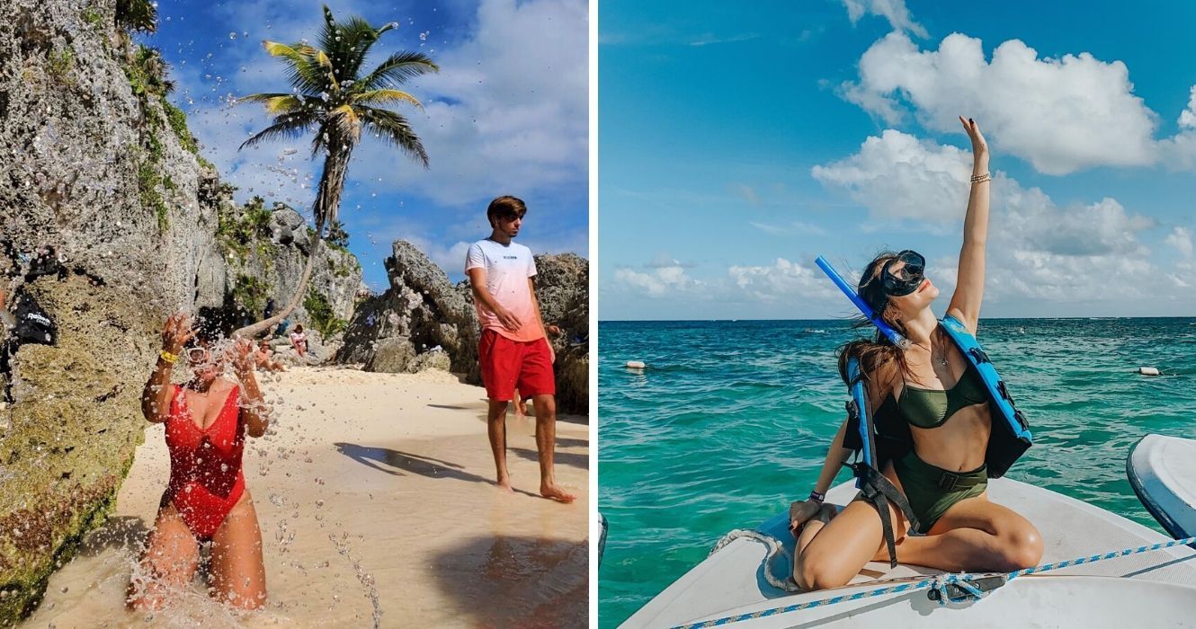 (De acordo com o Trip Advisor) Estas são as melhores praias do México 1 uma garota se diverte brincando na praia no méxico, uma garota vai mergulhar de snorkel em uma prancha de surfe no oceano