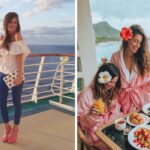 a woman takes a selfie on the deck of a royal caribbean cruise, two friends eat breakfast on the balcony in hawaii