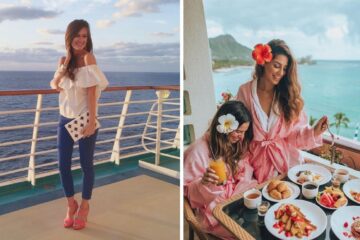 a woman takes a selfie on the deck of a royal caribbean cruise, two friends eat breakfast on the balcony in hawaii