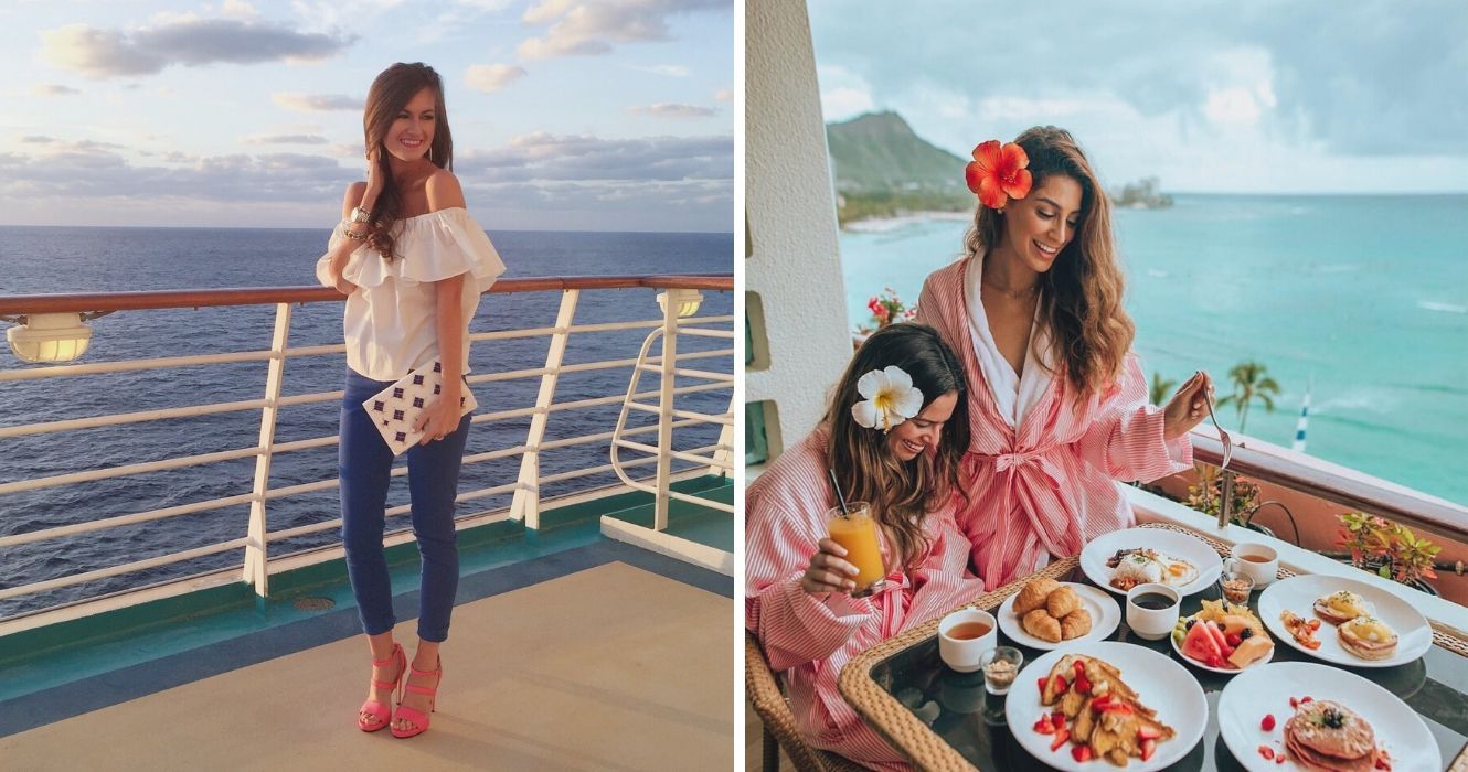 (De acordo com o Trip Advisor) Estes são os cruzeiros de férias mais populares para o Havaí 1 uma mulher tira uma selfie no convés de um cruzeiro real no caribe, dois amigos tomam café da manhã na varanda no Havaí