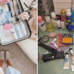 a pink aesthetic of a packed suitcase, all the essential toiletries