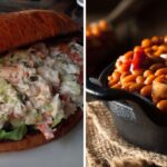 a lobster roll, baked beans
