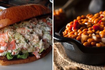 a lobster roll, baked beans