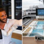 a man takes a photo with a robot, the crew of a cruise cleans the deck