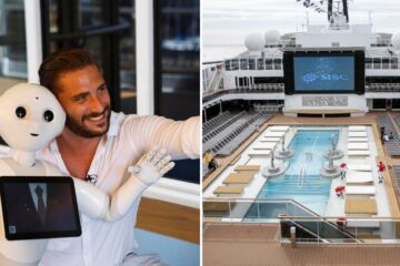 a man takes a photo with a robot, the crew of a cruise cleans the deck
