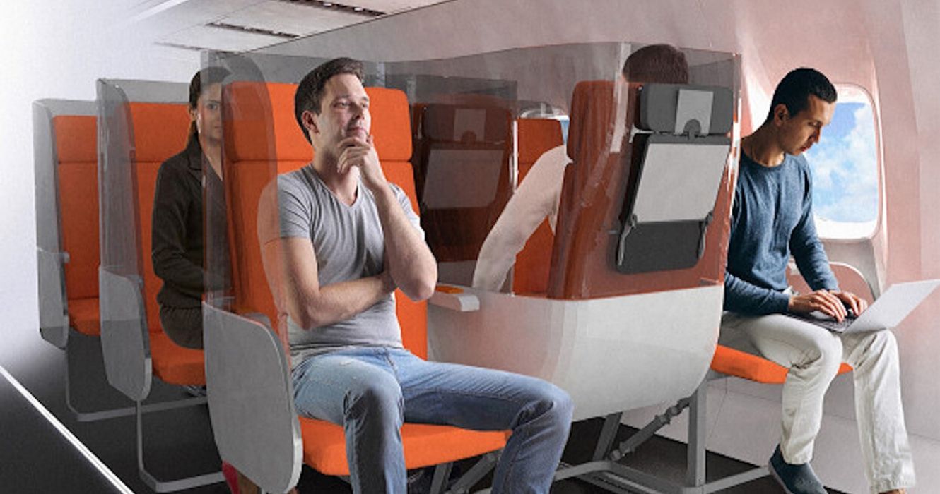 É assim que se espera que os voos mudem após o Covid-19 1 passageiros em um avião futurista