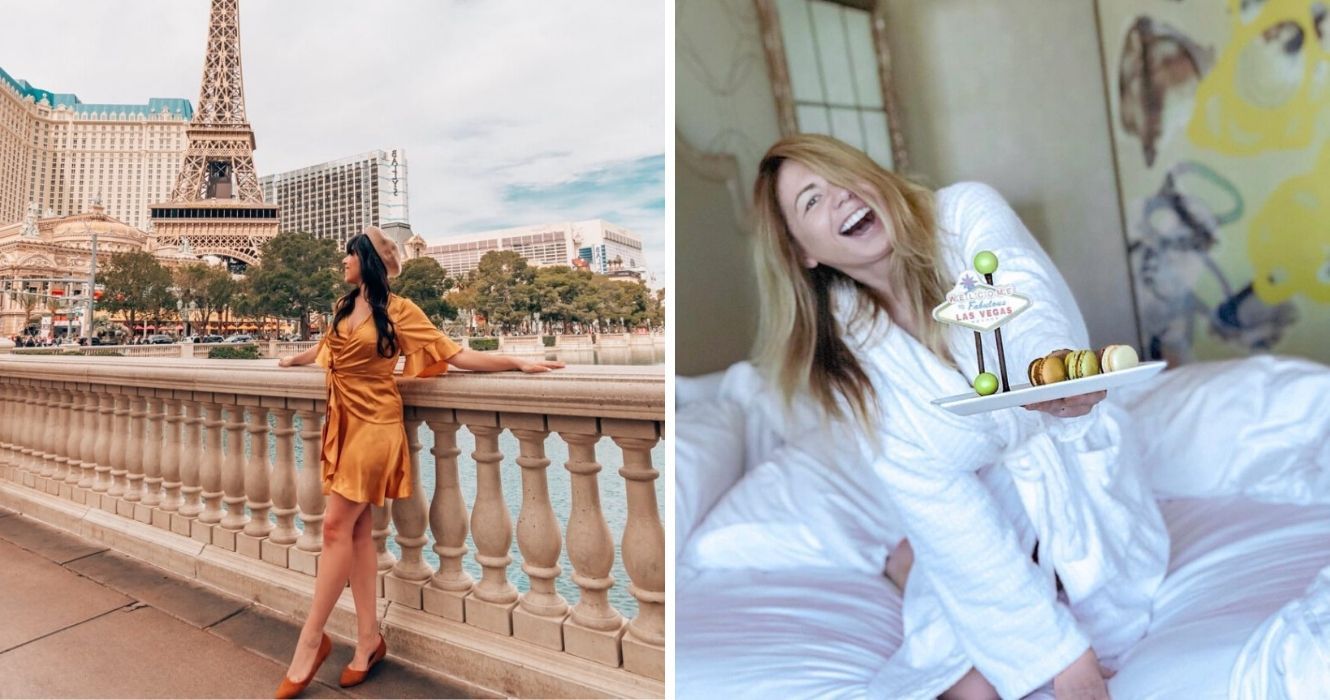 É assim que se parece um hotel 5 estrelas em Las Vegas 1 uma mulher do lado de fora do belaggio em vegas, um café da manhã especializado em las vegas com macarons