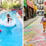 two friends float around a pool in vegas, a girl walks down a colorful street in chinatown