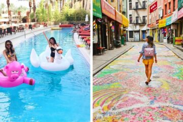 two friends float around a pool in vegas, a girl walks down a colorful street in chinatown