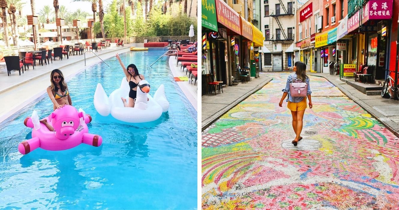 É assim que se parecem 48 horas perfeitas em Las Vegas 1 dois amigos flutuam em volta de uma piscina em vegas, uma garota caminha por uma rua colorida em chinatown