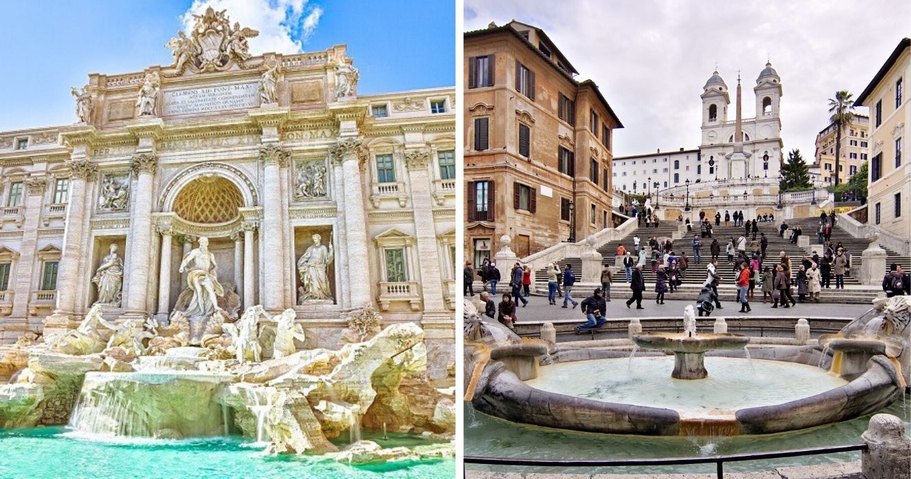 É uma caminhada de dez minutos da Fontana di Trevi até a Escadaria Espanhola: aqui está o que você pode ver no caminho 1 a fonte de trevi na italia, a escadaria espanhola na italia
