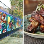 a sign welcoming people to harlem, a plate of glazed ribs from mountain bird
