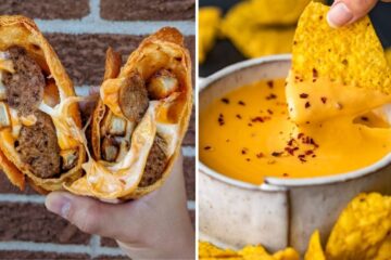 a cheesy chimichanga, orange queso dip