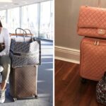a woman waits in the airport with her luggage