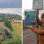 the abandoned town of kitsalt in BC, a man holds up a photo of what centralia, PA once looked like
