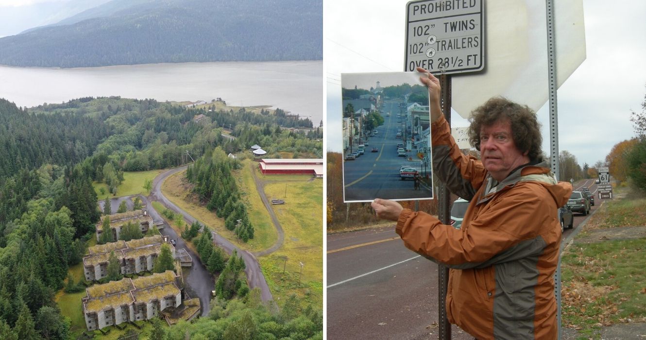 Essas cidades fantasmas são absolutamente assustadoras 1 a cidade abandonada de kitsalt em BC, um homem mostra uma foto de como era Centralia, PA