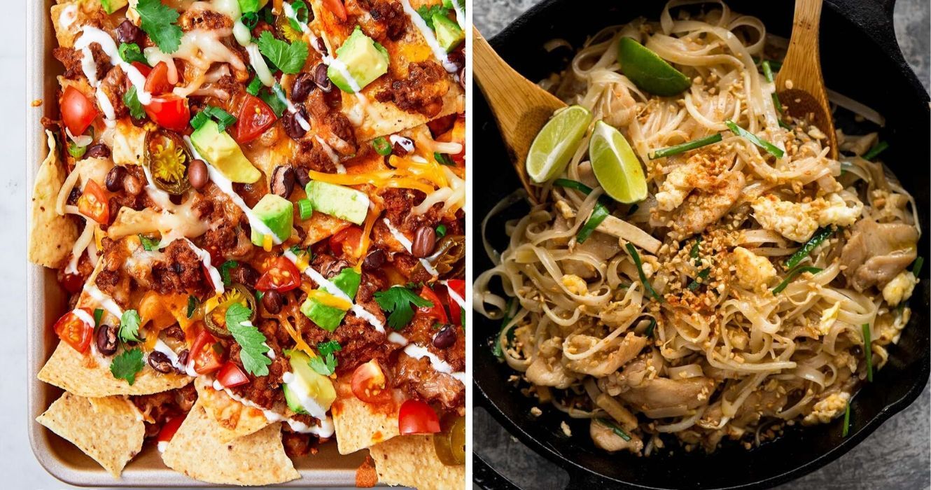 Esses alimentos internacionais 'saudáveis' são realmente carregados com calorias 1 uma folha cheia de nachos carregados, uma tigela de pad thai