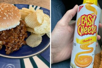 sloppy joes with chips, a can of spray cheese