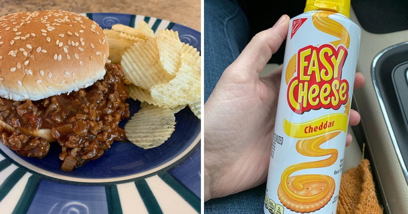 Esses alimentos são normais para os americanos, mas estranhos para os estrangeiros 1 Sloppy Joes com batatas fritas, uma lata de spray de queijo