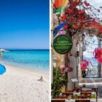 someone on the beach in halkidiki, greece, a colorful street in napflio, greece