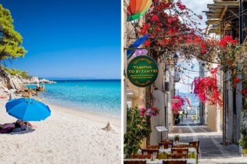 someone on the beach in halkidiki, greece, a colorful street in napflio, greece