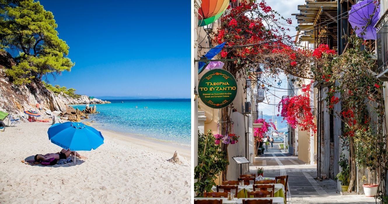 Esses destinos gregos valem o seu tempo de férias, e nenhum deles é Santorini ou Atenas 1 alguém na praia em Halkidiki, Grécia, uma rua colorida em Napflio, Grécia