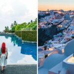 a girl stays at a resort in thailand, a couple goes on their honeymoon at Canaves Oia Hotel in greece