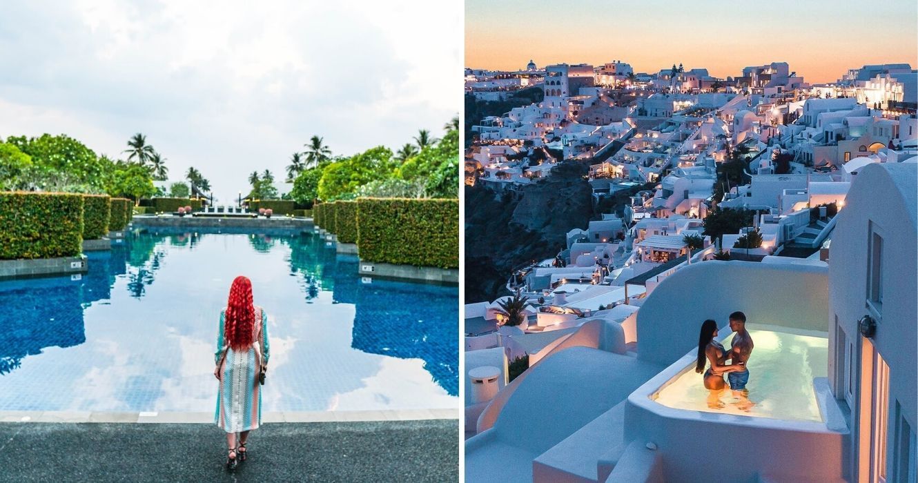 Esses resorts 5 estrelas têm o preço de um 3 estrelas 1 uma garota se hospeda em um resort na tailândia, um casal segue em lua de mel no Canaves Oia Hotel na grécia