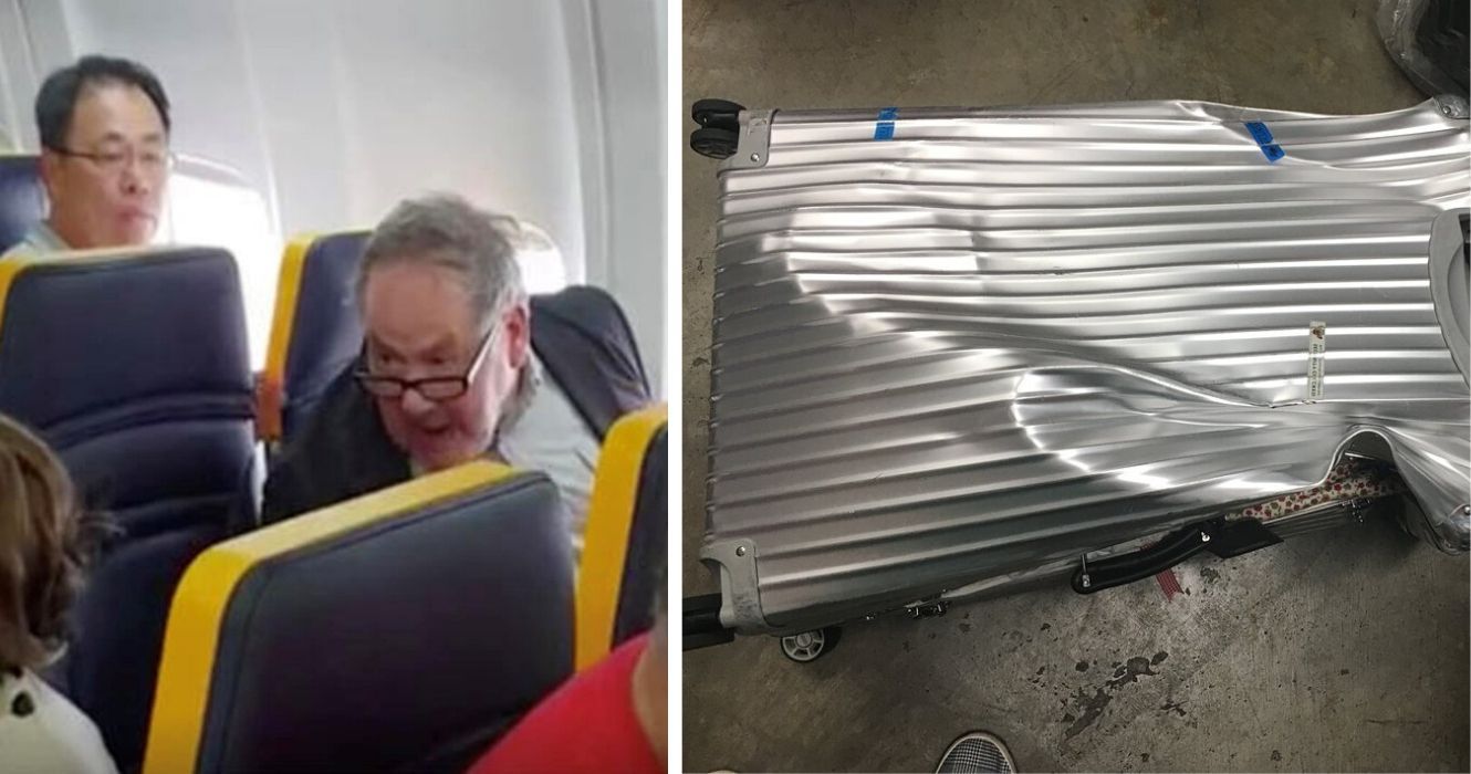 um passageiro de avião irritado, a bagagem de alguém é destruída em um voo