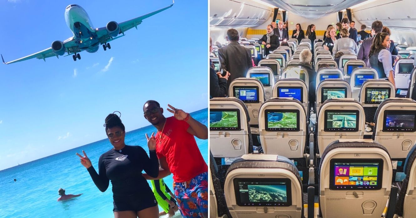 Estas foram classificadas como as companhias aéreas mais seguras para viajar pelo Caribe 1 duas pessoas levantam o sinal da paz enquanto um avião sobrevoa, a bordo de um avião da Caymen Airways