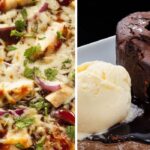 a bbq chicken pizza, lava cake with ice cream