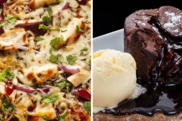 a bbq chicken pizza, lava cake with ice cream