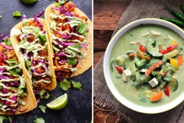 vegetarian tacos, a bowl of thai curry